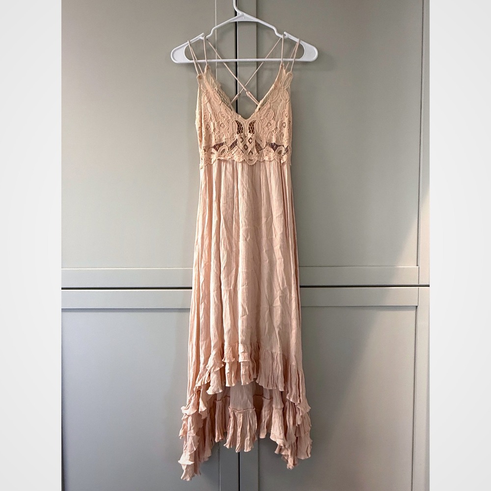 La Miel Pink Crochet Lace‎ High Low Maxi Dress HUD9085 Small Boho Fairy Coquette